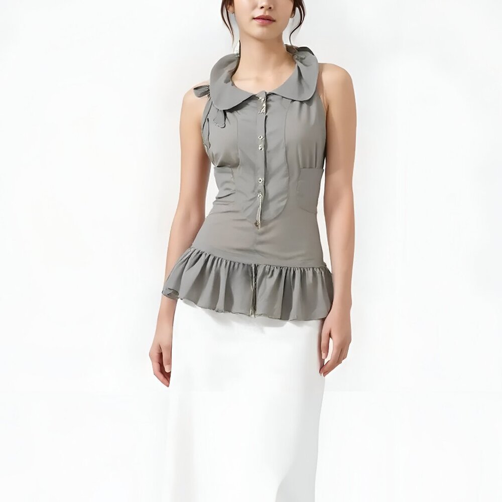 NWT 80's Vintage Marithe F Girbaud Sage Green-Gray Sheer Peplum Dress Top XS